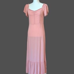 Off The Shoulder Long Pink Dress Cap Sleeve Sweetheart Neckline Midi/Maxi Large